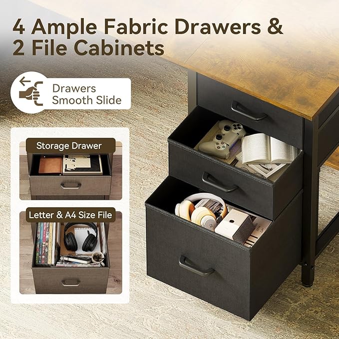 Casaottima 63 Inches Computer Desk with 6 Fabric Drawers, Modern Office Desk with Large Storage for Home Office, Study, Vintage