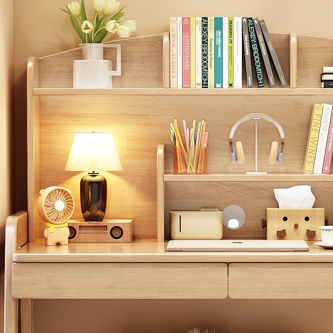 Kids Desk Kids Table Wooden Children’s Study Desk with Bookshelf＆Two Drawers Children Study＆Writing＆Computer＆Workstation for 3 and Above(Nature
