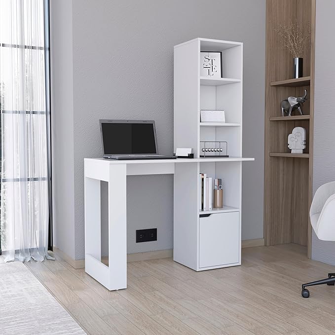 Iowa Computer Desk with Spacious Work Surface, Integrated Four-Tier Bookcase, Single-Door Storage Cabinet and Modern Space-Saving Design for Organized Home Office, Study Area or Creative Workspace