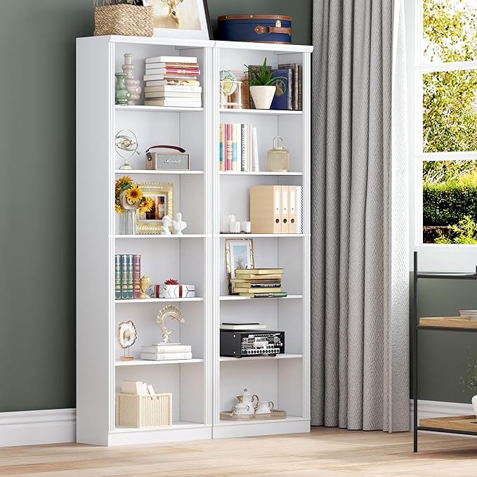 BORNOON 75" Tall Bookshelf, 6-Tier Floor Standing Bookcase with 2 Adjustable Shelves, 24" Wide Open Storage Shelf, Modern Display Organizer for Home Office, Living Room, Bedroom, Study