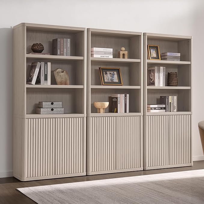 SICOTAS Book Shelf with Doors 71" Tall 6 Tier Bookshelf with Adjustable Shelves Fluted Booshelves & Bookcases Modern Book Case with Large Storage Display Cabinet for Living Room Home Office Bedroom