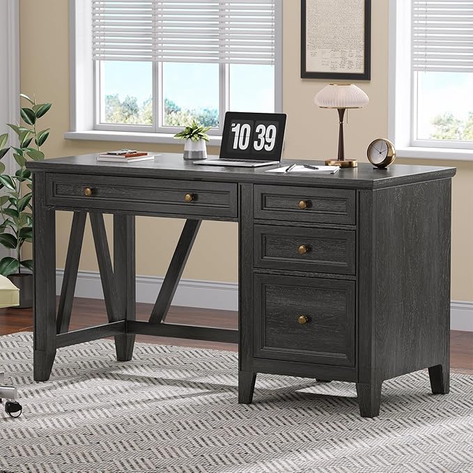 ONBRILL 54 Inch Farmhouse Executive Desk, Computer Desk with Drawers, Home Office Desk with Charging Station, for Working Studying Writing, Black
