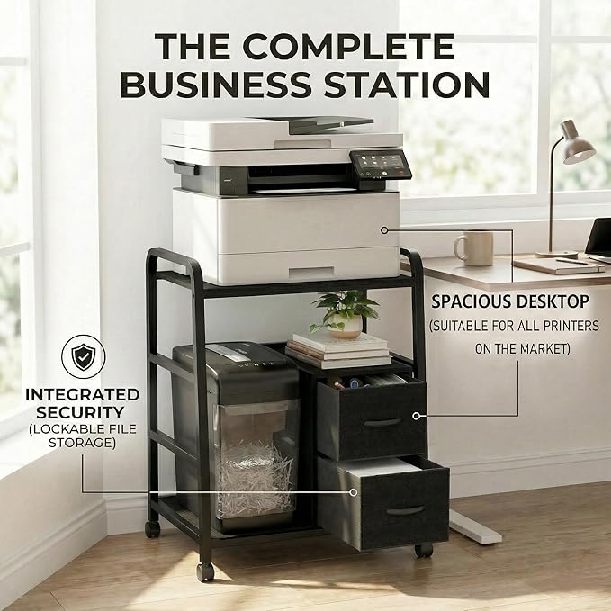 Printer Stand Featuring Fabric Drawers, Under Desk Host Computer Cabinet and Shredder Shelf, Heavy Duty Printer Stand with Storage Workstation Organization Printer Table for Home Office