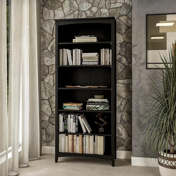 Camaflexi Shaker Style 6 Shelf Bookcase/Solid Wood / 72 inch Tall/Adjustable Shelving/Closed Back/Display Bookshelf for Living Room, Bedroom, Home and Office, Black