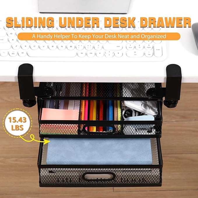 Under Desk Drawer Organizer with 2 Slide Out Drawers – No Drilling Metal Clamp-On Storage, Anti-Slip Desk Drawer Attachment for Home & Office Desktop Organization (Black)