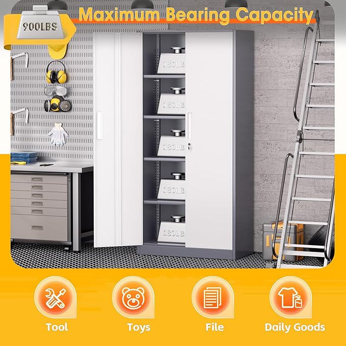Greenvelly Metal Storage Cabinet,72” Metal Cabinet Storage with Doors and 4 Adjustable Shelves,Tall Storage Cabinet for Home,School,Gym(Grey White)