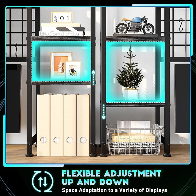 REIBII Desk Shelf with LED Light Strip,Adjustable 45.1" Desk Hutch Dorm with 5 Tier Display Shelf Rack,Desktop Bookshelf with Grid Panel & Hooks for Home, Office and Dorm, Black