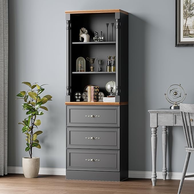 Bookshelf with Drawers, 71" Tall Wood Bookcase with Adjustable Shelf, 24" Wide Book Shelf, Floor Standing Display Storage Cabinet for Home Office, Study and Living Room, Antique Black