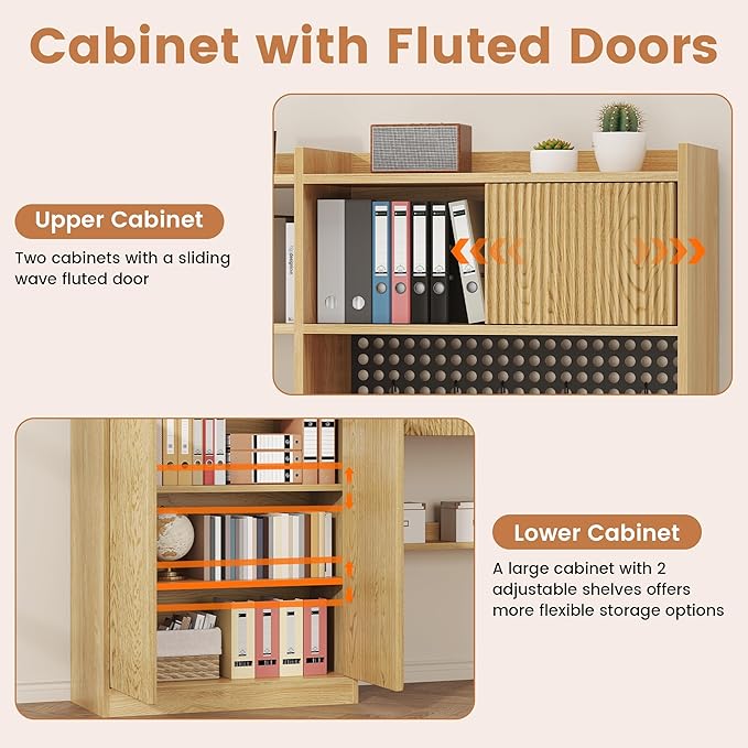 kepptory 63" Tall Computer Desk with Hutch, Fluted Wood Home Office Desk with Charging Station, Drawer & Storage Cabinet, Oak Workstation for Work & Study