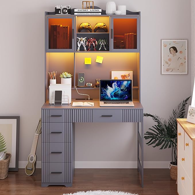 WOOVIVS LED Desk with Outlet Charging Station, Home Office Desk with LED Auto Lights, Computer Desk with Hutch and Drawer for Small Space, Workstation Writing Desk for Bedroom,Adjustable (Grey)