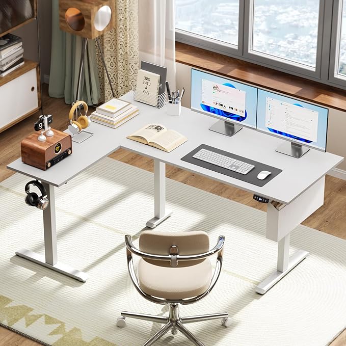 Korfile L Shaped Electric Standing Desk,63 Inch Adjustable Height Sit to Stand Corner Desk with Memory Presets, Reversible Computer Table for Home Office, Work and Study, White