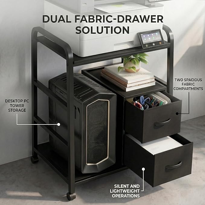 Printer Stand Featuring Fabric Drawers, Under Desk Host Computer Cabinet and Shredder Shelf, Heavy Duty Printer Stand with Storage Workstation Organization Printer Table for Home Office