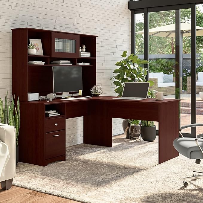 Bush Home Cabot L Shaped Desk with Hutch, Corner Desk with Storage for Home Office in Ash Gray, 60W L Shaped Computer Desk