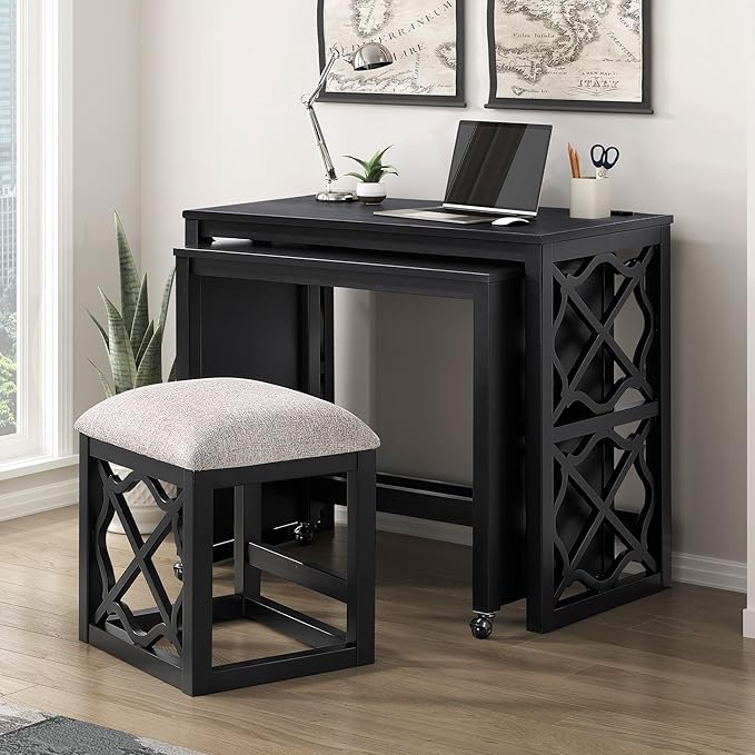 Desks and Stool Set 3pc White Finish Rolling Desk with Casters, 2 Charging Ports Home Office Furniture(Black)