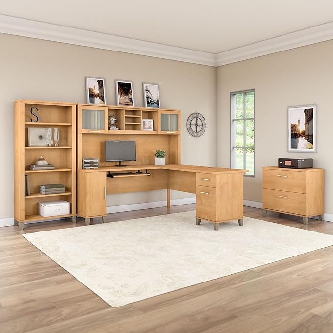 Bush Furniture Somerset 72W L Shaped Desk with Hutch, Lateral File Cabinet and Bookcase in Maple Cross | Computer Table for Home Office