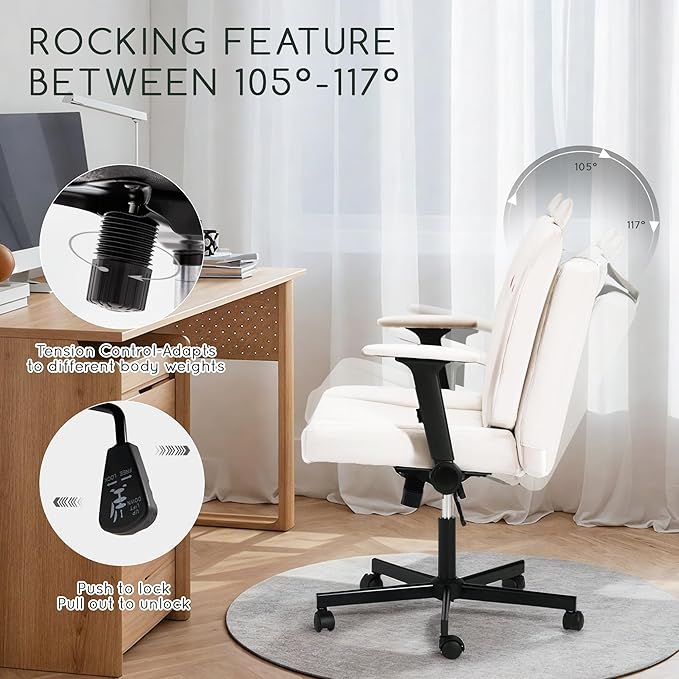 HOMREST Criss Cross Chair with Arms and Castors, Plus Size Cross Legged Office Chair with Extra Wide Seat&Flexible Back Cushion, Cute Comfy Desk Chairs for Home Office, Vanity, Gaming,Reading(Beige)