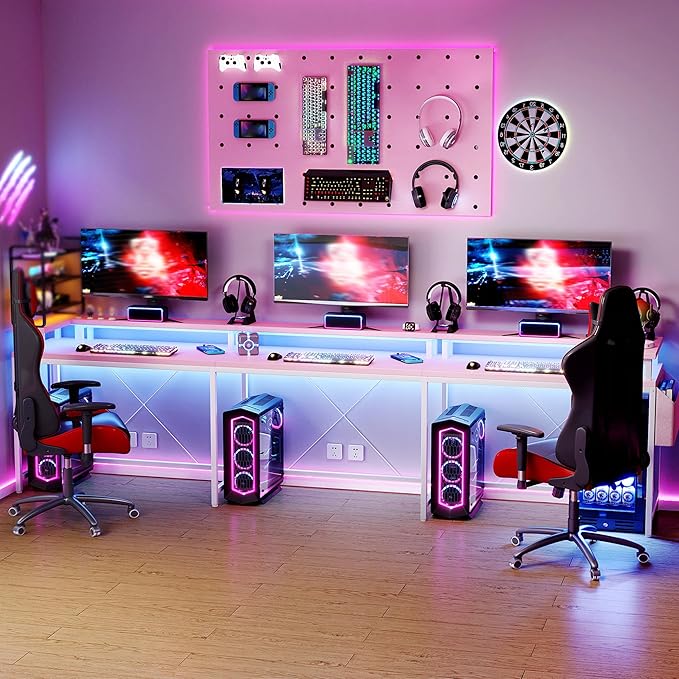 Jojoka U-Shaped Computer Desk with Power Outlets & RGB LED Lights - Reversible l-Shaped Office Desk, Full Monitor Stand, Modern Home Office Workstation, 600lbs Capacity 79",Game Desk, Pink
