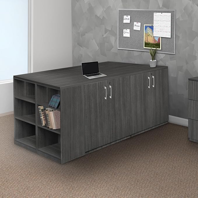 Regency Legacy Stand Up Desk/ 3 Storage Cabinet Quad with Bookcase End- Ash Grey