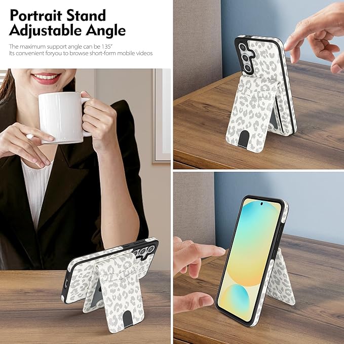 SkyEagle Compatible with Magsafe 2 in 1 Detachable Samsung Galaxy S25 Plus Wallet Case with Card Holder,Women Men Magnetic PU Leather RFID Blocking Flip Folio Kickstand Credit Slots,Leopard-White