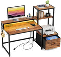 GreenForest Computer Desk with Drawers and Monitor Stand, Home Office Desk with Storage Shelves, Small Gaming Desk with Power Outlets and LED Lights for Study Writing Working, 51 inch Walnut