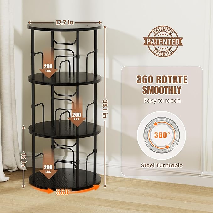 Flycity 3 Tier Rotating Bookshelf, 360° Corner Bookshelf Tower, Round Revolving Bookcase with Special Visible Partition Storage, Narrow Book Shelf Organizer for Living Room, Small Space, Black