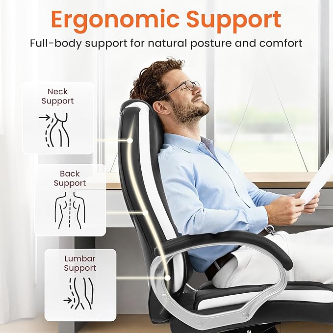 NEO Chair Office Desk Ergonomic Gaming Computer Chair High Back Adjustable PU Leather with Lumbar Support, Swivel Rolling Wheels, Executive Managerial Task Chair (Black)
