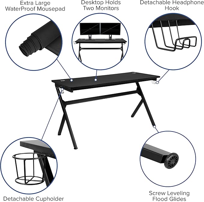 Flash Furniture Gaming Desk and Red/Black Reclining Gaming Chair Set /Cup Holder/Headphone Hook/Removable Mouse Pad Top - Wire Management
