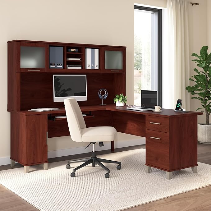 Bush Home Somerset 72W L Shaped Desk with Hutch in Hansen Cherry