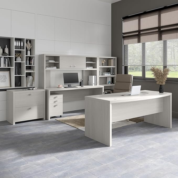Bush Business Furniture Office by Kathy Ireland® Echo L Shaped Bow Front Desk with Mobile File Cabinet in Gray Sand
