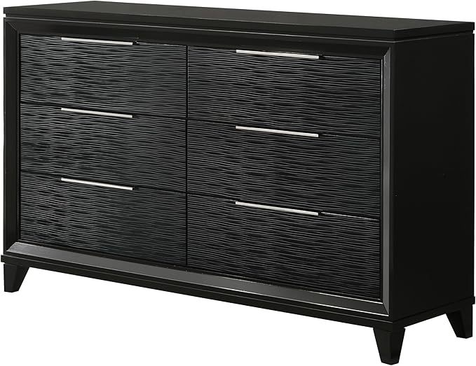 GOWE 1pc Modern Contemporary Transitional Black Textured Finish 6-Drawer Storage Dresser Wooden Solid Wood Bedroom Living Room Home Furniture Modern Style Black Color Six Storage Drawers