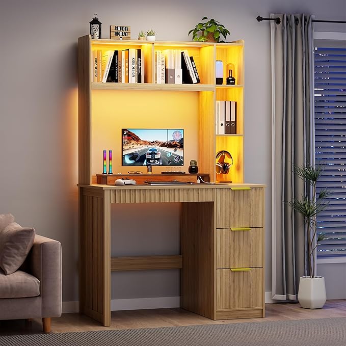 WOOVIVS Home Office Desk with Hutch & LED Lights - 39" Computer Desk with Charging Station, 3 Large Drawers, Hidden Compartment & Fluted Panel Design,Natural Writing Desk for Bedroom, Study