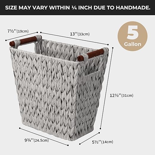 GRANNY SAYS Woven Wicker Desk Wastebasket with Wood Handles – Gray (2-Pack)