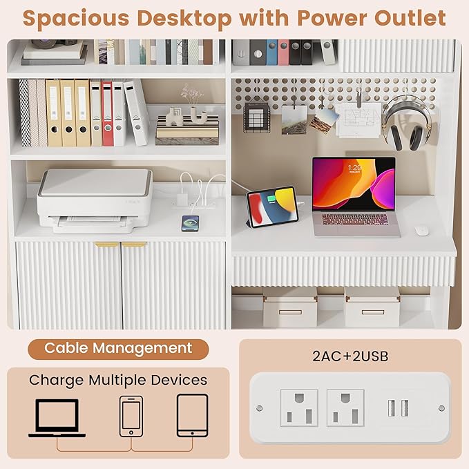kepptory 63" Tall Computer Desk with Hutch, Fluted Wood Computer Desk, Featuring Charging Station, Drawer and Storage Cabinet, for Home Office Work and Study (White)