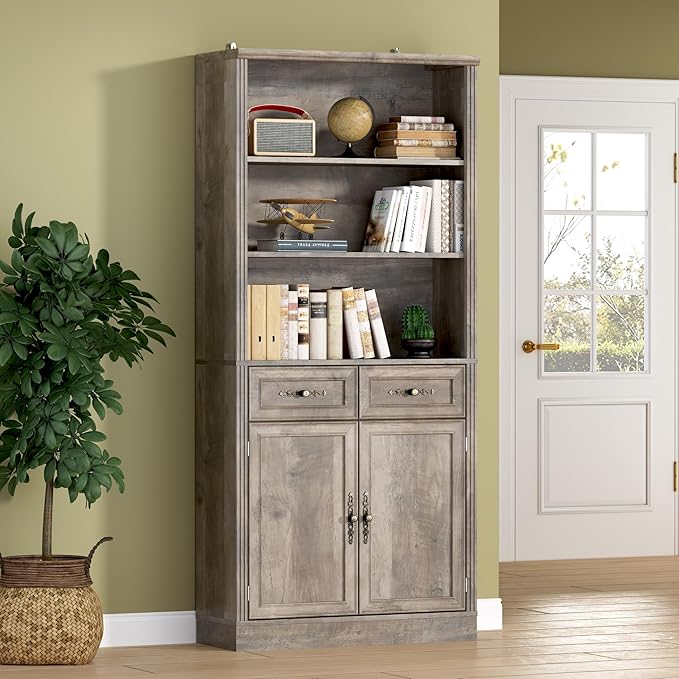 BORNOON 70.1" Tall Bookshelf with Drawers & Cabinet, 5-Tier Floor Standing Bookcase with Storage Doors, Adjustable Shelves & Metal Handles, 31.5" Wide Organizer for Home Office, Living Room