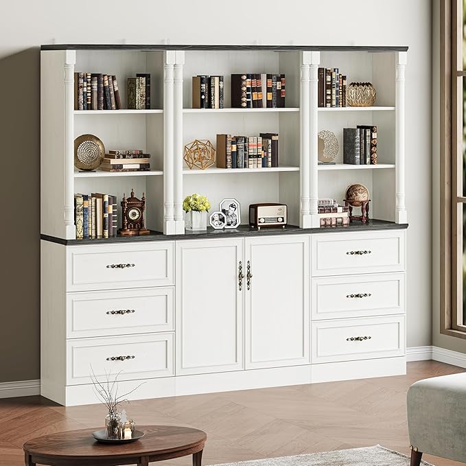 Bookshelf with Drawers, 71" Tall Wood Bookcase with Adjustable Shelf, 24" Wide Book Shelf, Floor Standing Display Storage Cabinet for Home Office, Study and Living Room, Antique White