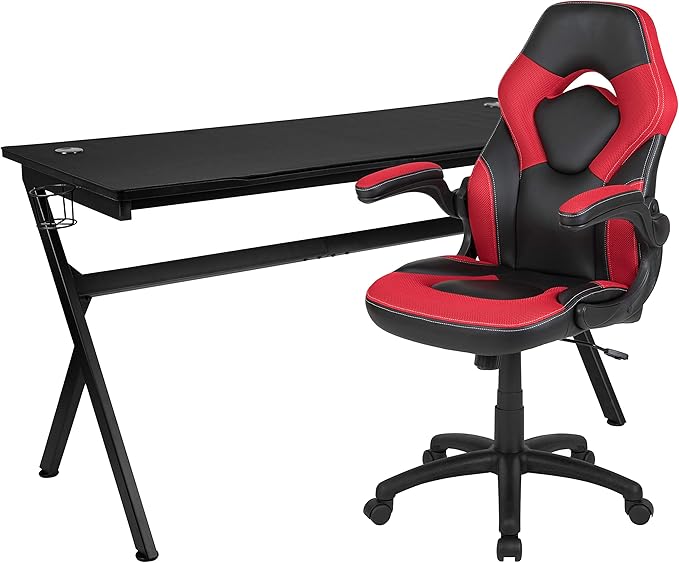 Flash Furniture Gaming Desk and Red/Black Racing Chair Set/Cup Holder/Headphone Hook/Removable Mouse Pad Top - 2 Wire Management Holes