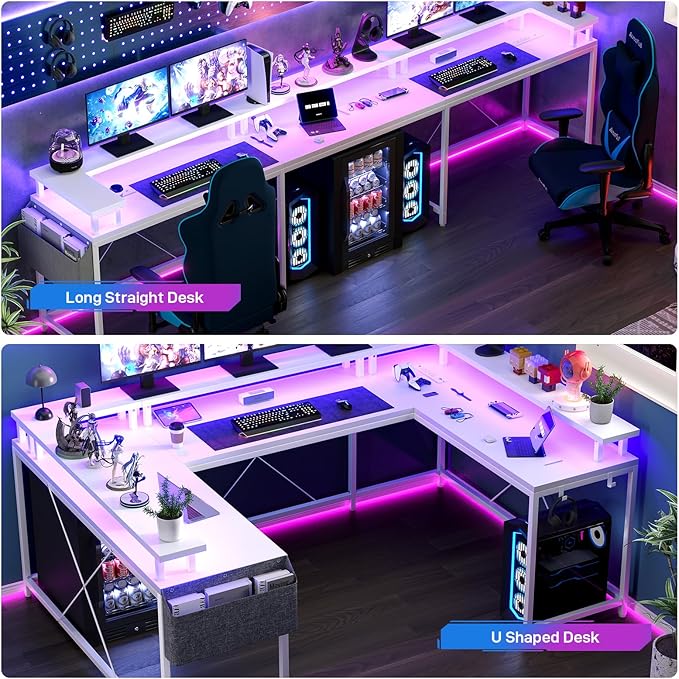 Jojoka U-Shaped Computer Desk with Power Outlets & RGB LED Lights - Reversible l-Shaped Office Desk, Full Monitor Stand, Modern Home Office Workstation, 600lbs Capacity 79",Game Desk, Multiple Colors