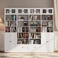 TUSY 85.5 Inch Tall Bookshelf with Doors - 7 Tier Bookcase with Glass Doors and Drawer, 23.6" Wide Storage Cabinet with Open Shelves for Living Room, White Book Shelf for Home Office, Study (ABBA)