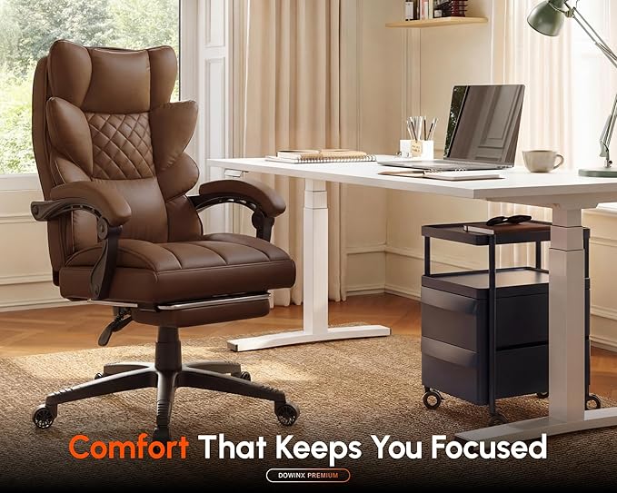 Dowinx Big and Tall Office Chair with Pocket Spring Cushion,High Back Computer Gaming Chairs with Linkage Armrests,Executive Desk Chairs with Footrest,PU Leather-Brown