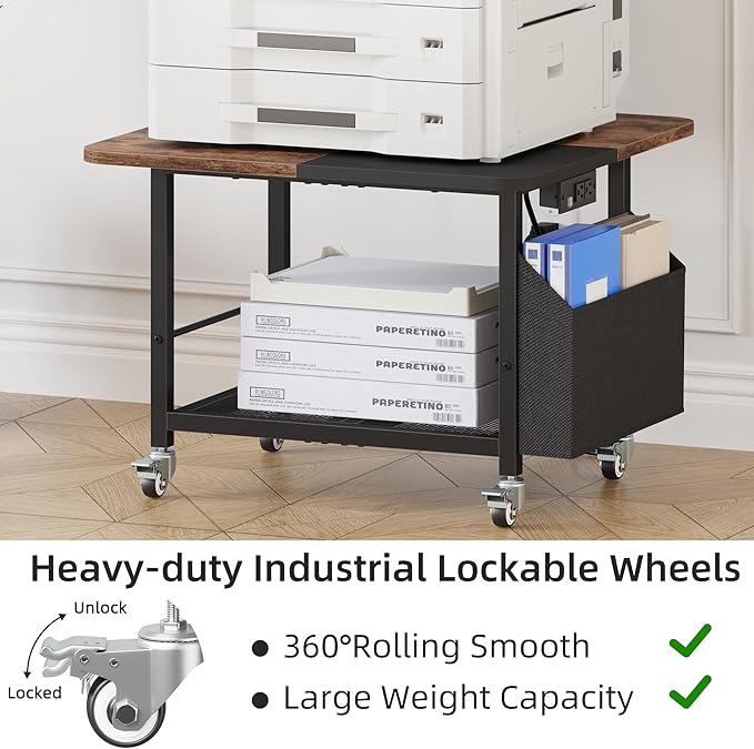 YAOHUOO 23.6"×23.6" Large Priner Stand with Power Outlet, Printer Table with Storage Side Pocket, Heavy Duty Rolling Cart for Home Office 3D Printer/Laser/Heat Press Table, Rustic Brown