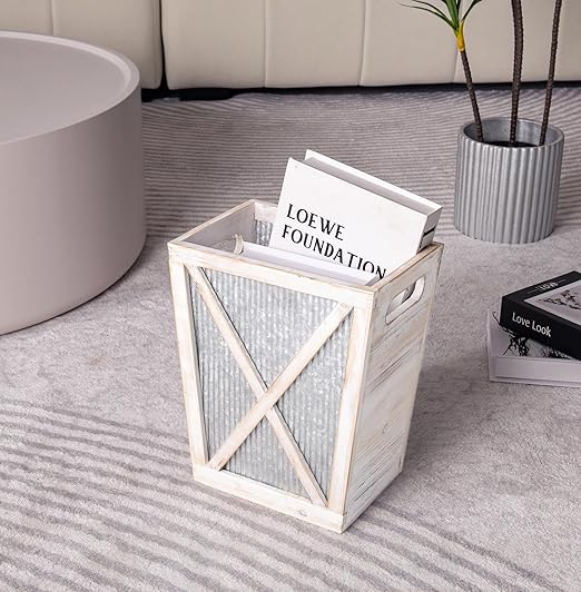 Venalys Small Wood Trash Can Wastebasket, Decorative Barn Door Garbage Can Waste Basket, Rustic Distressed Rectangular Trash Bin, Farmhouse Wooden Storage Basket Waste Paper Bin (Whitewash)
