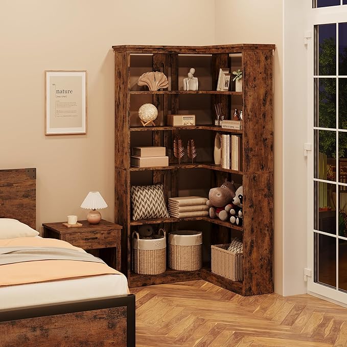 IDEALHOUSE Corner Bookshelf 72.8in Farmhouse Bookcase Large Bookshelf Wood Bookcase Tall 5 Tier Corner Shelf L Shaped Bookshelfs Storage Display Rack Living Room Bedroom (Retro, Half Panel)