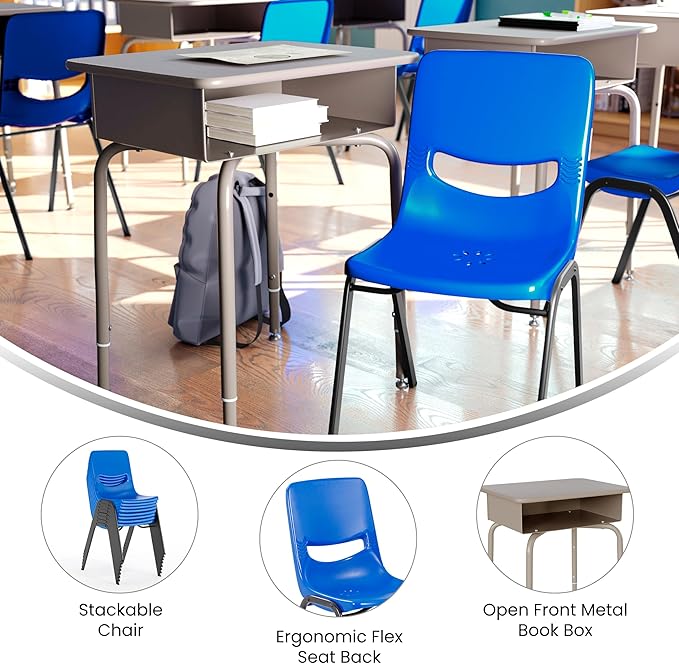 EMMA + OLIVER Jacobs Desk/Stackable Ergonomic Chair Set, Flex Comfort Seat Back, Adjusting Desk Legs, Metal Open Front Storage Box, Gray Granite Desktop/Navy Chair