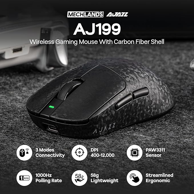 MechLands AJAZZ AJ199 Lightweight Gaming Mouse with Carbon Fiber Shell, 2.4G/USB-C/BT Wireless Mouse with 500mAh Battery, Adjustable 12,000 DPI & 1KHz Polling, PAW3311 Sensor for PC/Mac/Gaming (Black)