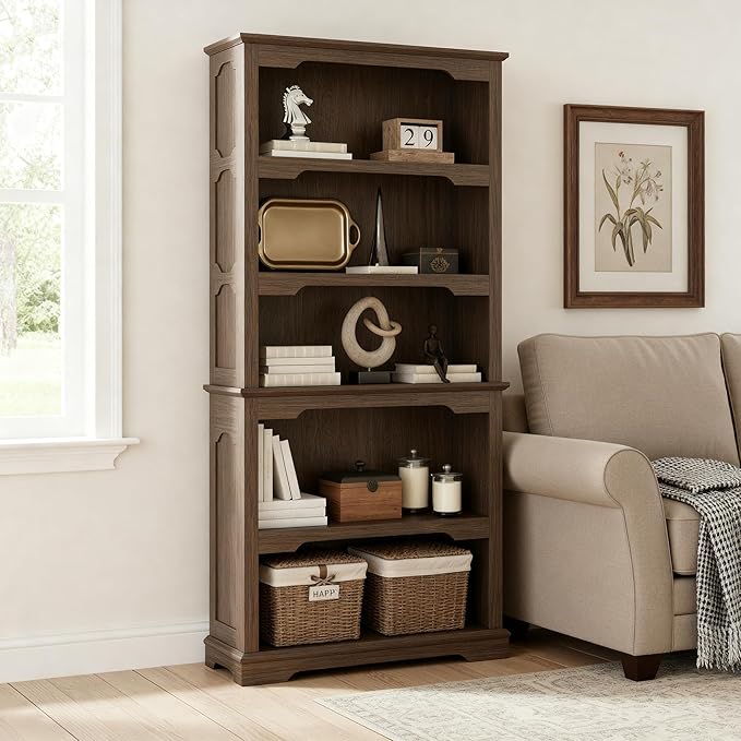 70 Inches Farmhouse Bookcase Bookshelf, Two-Tone Shelves, 5 Tier Bookshelf with Arched Trim, Home Office Living Room Storage Cabinet Unit, 31.5x11.8 Inches (Walnut, Open Shelf)