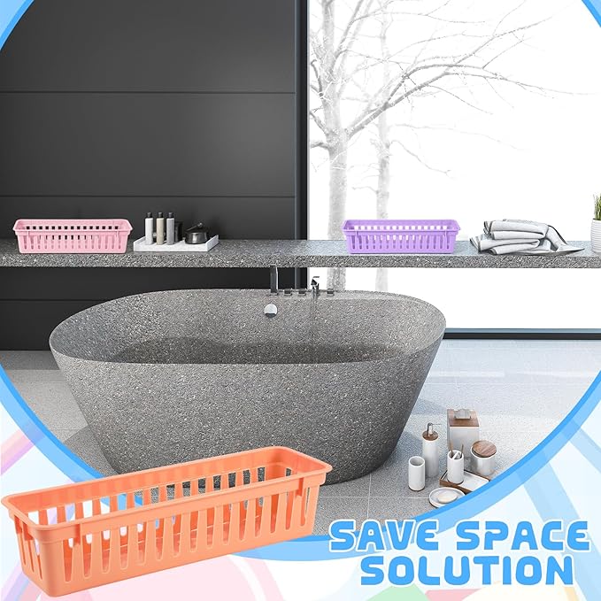 6 Pcs Morandi Slim Plastic Storage Baskets Tray 10 x 3 x 2.5 Inch Compact Stackable Desk Organizer for Office, Classroom, School Supplies, and Home Storage, Organization(Morandi)