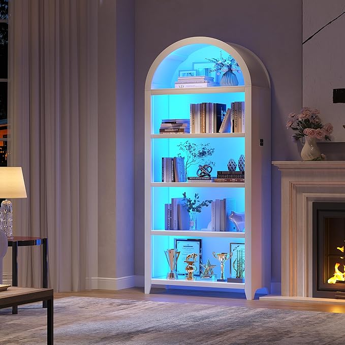 Arch Bookcase - 5 Tiers Bookshelf with 3 Colors LED Sensor Lights and Thickened Wooden Design Display Shelf for Lego Books Bathroom Living Room - Ideal Gift (White)