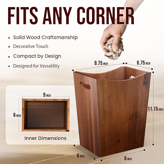 Wood Waste Basket, 2 Gallon Rectangular Trash Can with Handles, Water-Resistant Lacquer Finish, Compact for Bathroom Bedroom Office