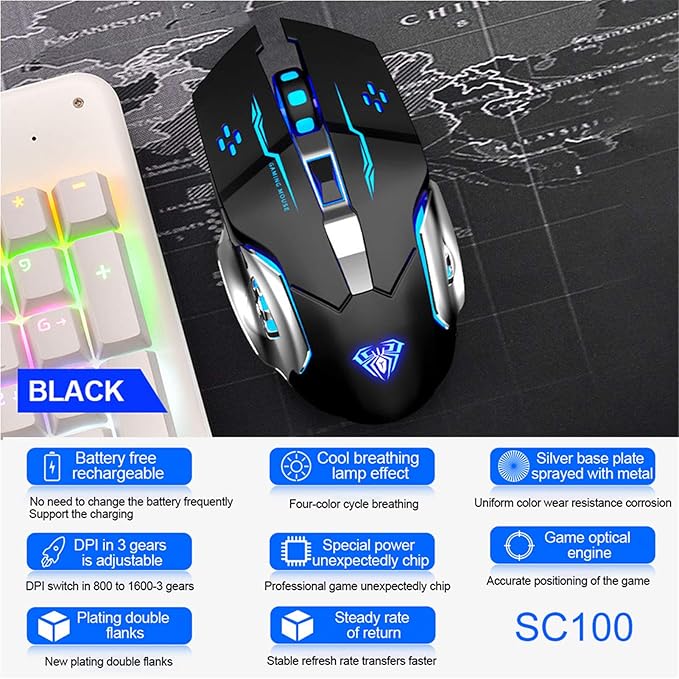 AULA SC100 Silent Wireless Gaming Mouse Rechargeable, with Side Buttons, LED Backlit, DPI Adjustable, 2.4G Wireless Optical Computer Mice Punk Cool Mouse for Games/Work (Black)