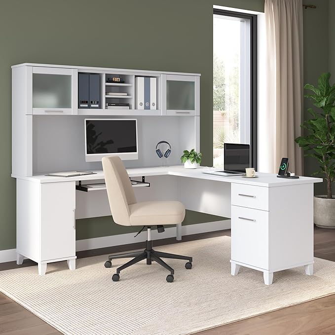 Bush Furniture Somerset L Shaped Desk with Hutch in White | Corner Computer Table with Drawers, Cabinets and Pullout Keyboard/Laptop Tray for Home Office